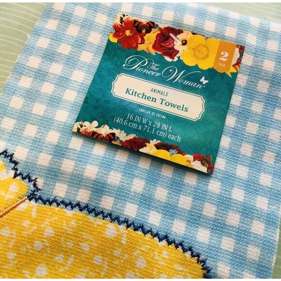 Pioneer Woman Cow Bird Kitchen Towel Set Vintage Farm Country Gingham 2pc - Picture 2 of 7